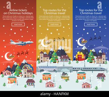 Christmas travel banners in flat style illustration. Traveling by plane, bus and train. Vector horizontal banners. Stock Vector