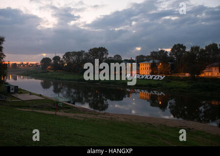 Vologda, Russia the Art object with the inscription 'I love Vologda' on the Bank of the Vologda river in the late evening Stock Photo