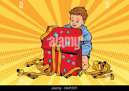 Pop art boy opens the gift box Stock Vector