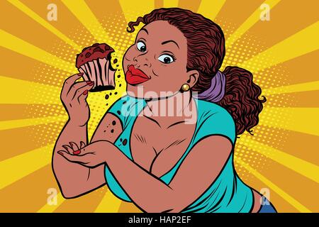 Diet concept woman eating cupcake Stock Vector