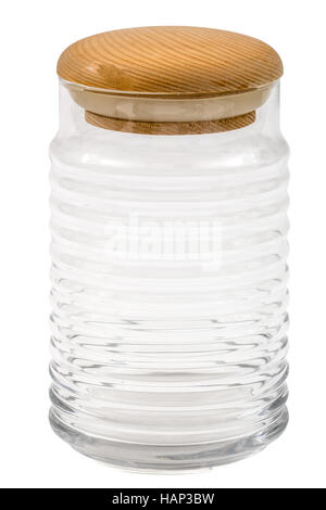 Empty glass jar with lid from wood, isolated on white, with clipping path Stock Photo