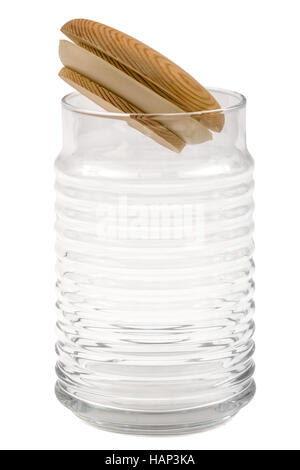 Empty glass jar with lid from wood, isolated on white, with clipping path Stock Photo