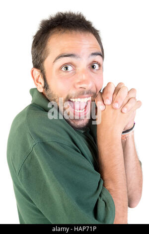 Happy young man making funny faces isolated in white Stock Photo