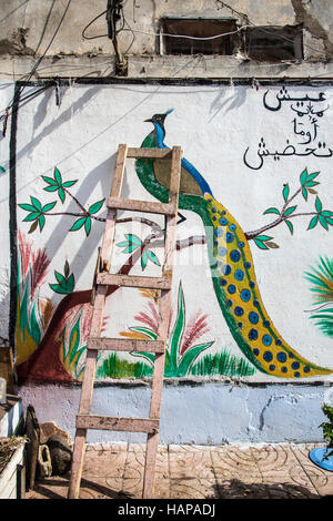 ladder, leaning against a painted mural in Casablanca, Morocco. Stock Photo