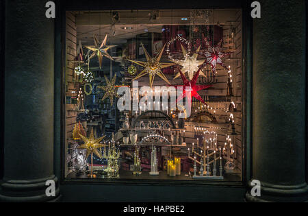 Christmas lights in shop window display, Bergen, Norway. Stock Photo