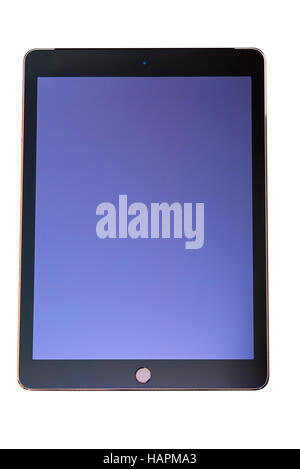 Ljubljana, Slovenia - December 2 2016: Ipad Air 2 with blank blue screen isolated on white background, 6th generation of the iPad, developed by Apple  Stock Photo