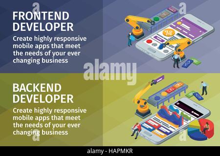 Frontend and backend app. People working on startup. 3d crane and robotic arm. Stock Vector