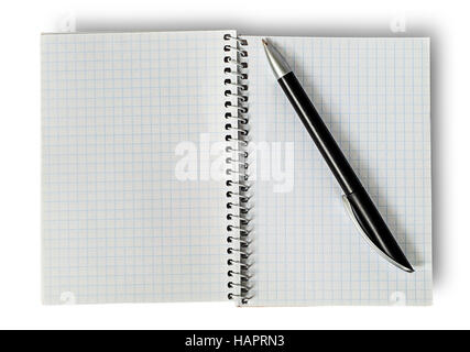 Open notepad and ballpen isolated on white background Stock Photo