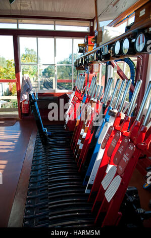 Mechanical signalling levers at Wittersham Road signalbox on the Kent and East Sussex Railway