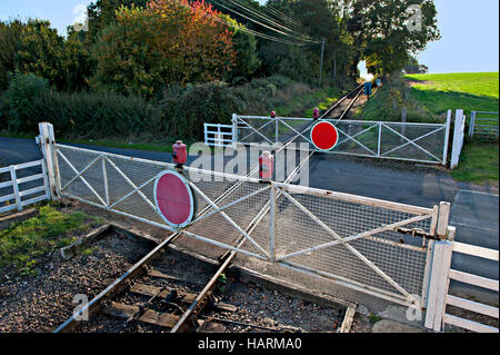 Railway level crossing with gates closed and train crossing. This one ...