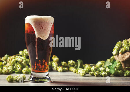 Frothy beer with hops in the background - plenty of copy space for text Stock Photo