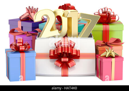 Gift Boxes with 2017, New Year and Christmas concept. 3D rendering isolated on white background Stock Photo