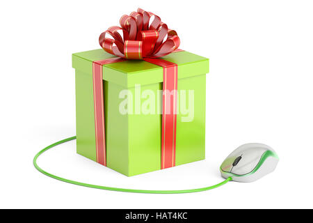 Online shopping concept, gift box with computer mouse. 3D rendering isolated on white background Stock Photo