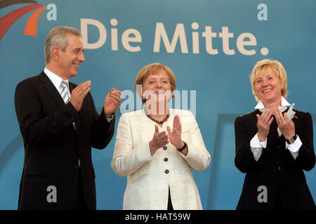 German Chancellor Angela Merkel during a visit to Dresden, on the left Prime Minister Stanislaw Tillich Stock Photo