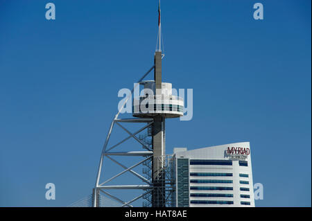 Torre Vasco da Gama, Vasco da Gama tower, Myriad by Sana Hotels, Ponte Vasco da Gama bridge, Parque das Nacoes, Lisbon, Portugal Stock Photo