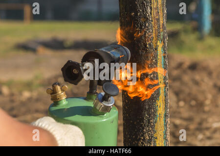 Propane Torch To Shou-sugi-ban Wood Burn a Project Stock Photo