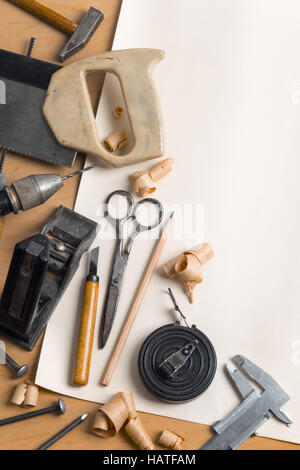 Old carpentry workshop with obsolete tools used. Vintage woodworking ...