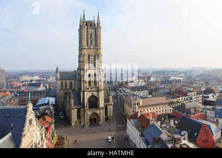 Overview on the Saint Bavo Cathedral and the rooftops of the old city of Ghent in Flanders, Belgium Stock Photo