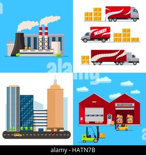 Warehouse, Factory building, city and transportation cars flat style concept Stock Vector