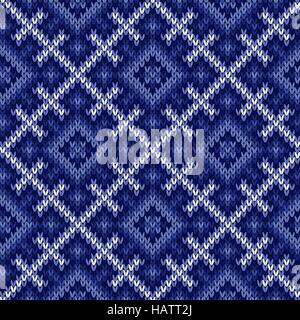 Knitted geometric background in winter motif in cool blue hues and in white, seamless knitting vector pattern as a fabric texture Stock Vector