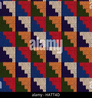 Knitted motley geometric background in blue, red, green, orange and beige colors, seamless knitting vector pattern as a fabric texture Stock Vector