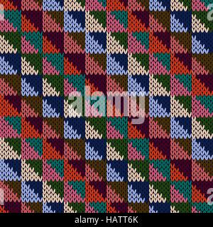 Knitted motley geometric background in blue, pink, turquoise, orange and beige colors, seamless knitting vector pattern as a fabric texture Stock Vector