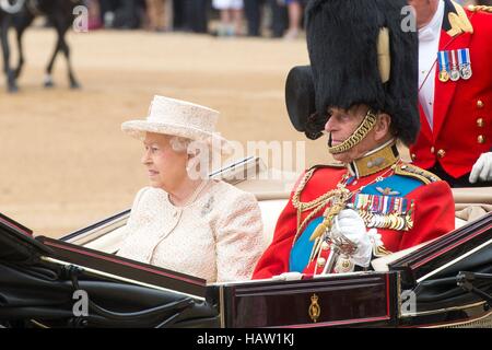 Her Majesty Queen Elizabeth II and Prince Philip attend the Trooping the Colour parade June 13, 2015 in London, England. Stock Photo