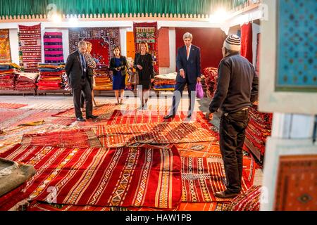 U.S. Secretary of State John Kerry visits an artisanal complex during his visit to the United Nations Framework Convention on Climate Change Conference of Parties November 16, 2016 in Marrakech, Morocco. Stock Photo