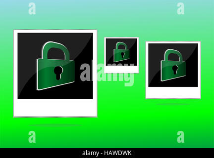 Set of empty photos and padlock on abstract green background Stock Photo