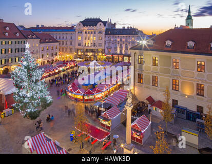 BRATISLAVA, SLOVAKIA - NOVEMBER 28, 2016: Christmas market on the Main square in evening dusk. Stock Photo