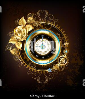 Gold clock, decorated with gold, and gold jewelry rose gears. Steampunk style. Stock Vector