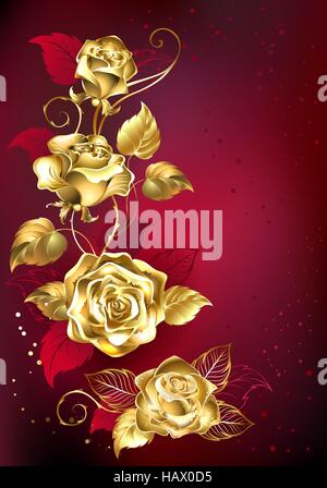 gold entwined roses on red textural background Stock Vector