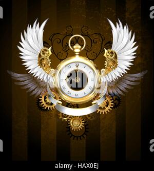 Gold, jewelry watches with a white dial and black numerals, decorated with white plumage, mechanical wings with gold and bronze gears on a dark, brown Stock Vector