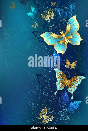 Flying gold, jewelry butterfly on blue textural background. Design with butterflies. Stock Vector