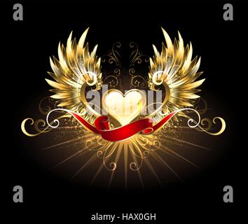 golden heart with golden wings, decorated with a red silk ribbon on a black background Stock Vector