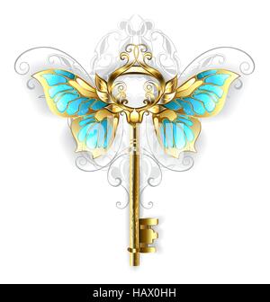Gold Skeleton Key with gold butterfly wings, decorated with a pattern on a white background. Stock Vector
