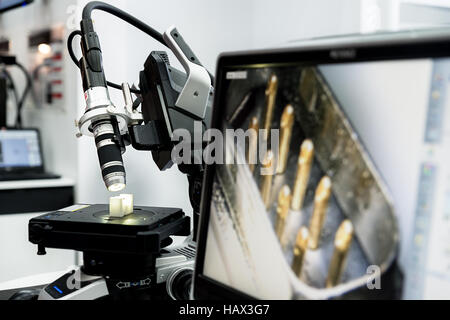 Microelectronics laboratory with the measuring instruments and microscopes. Stock Photo
