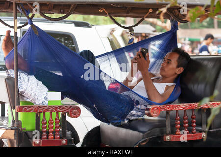 A Cambodian Tuk Tuk driver at Angkor Wat in Cambodia relaxing in his hammock using his smartphone. Stock Photo