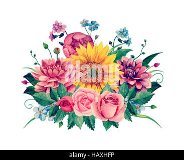 Watercolor floral bouquet vector clipart. Handpainted flowers clip art Stock Vector