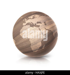 oak wood globe 3D illustration europe and africa map on white background Stock Photo