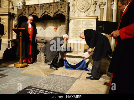 A memorial stone to poet Philip Larkin is unveiled in Poet's Corner in Westminster Abbey, central London. PRESS ASSOCIATION Photo Picture date: Friday December 2 2016. Photo credit should read: John Stillwell/PA W Stock Photo