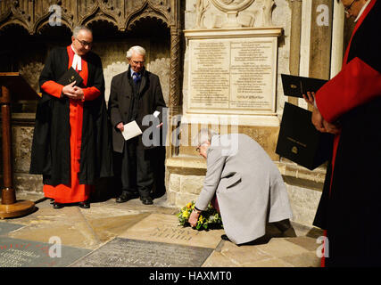 A wreath is laid on the memorial stone to poet Philip Larkin after it was unveiled in Poet's Corner in Westminster Abbey, central London. PRESS ASSOCIATION Photo Picture date: Friday December 2 2016. Photo credit should read: John Stillwell/PA W Stock Photo