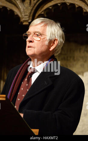 Sir Tom Courtenay reads a poem close to the memorial stone to poet Philip Larkin after it was unveiled in Poet's Corner in Westminster Abbey, central London. PRESS ASSOCIATION Photo Picture date: Friday December 2 2016. Photo credit should read: John Stillwell/PA W Stock Photo