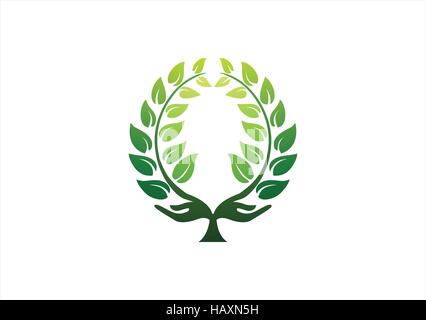 hand tree logo, tree natural plant ecology symbol icon, wellness health life vector  concept design Stock Vector