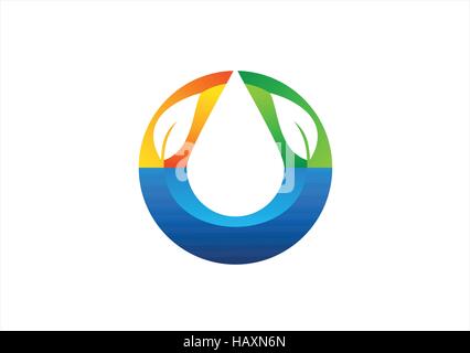 water drop logo, natural health friendly symbol, circle water drop and nature leaves icon, clean ecology waterdrop vector design Stock Vector