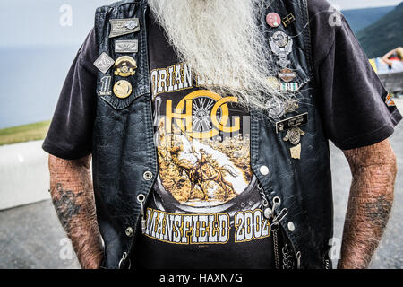 An Australia Harley Davidson rider.  This man with a long beard was a member of the the Ulyssees Club Stock Photo