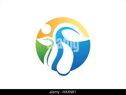 circle plant logo, silhouette nature leaf icon symbol, people health concept logotype vector design, wellness concept logo Stock Vector