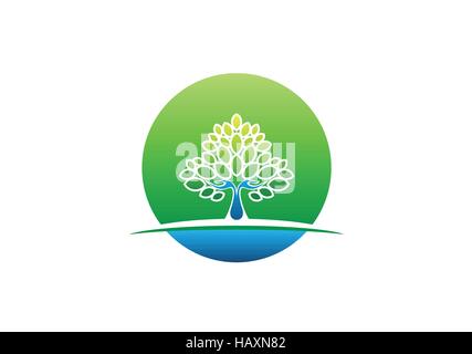 hand tree logo icon, circle health natural tree hand symbol, wellness yoga concept design vector Stock Vector