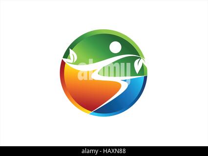 circle nature wellness logo icon, abstract natural health people symbol vector design, global people wellness logo concept Stock Vector