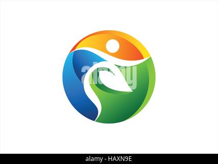 global nature people wellness logo icon, circle health people plant concept symbol vector design Stock Vector